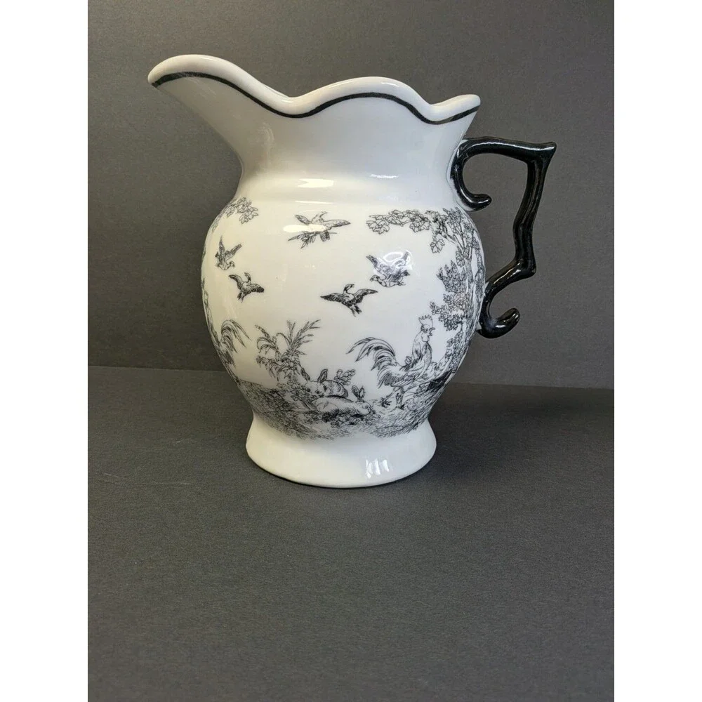 Vtg Dechang Taoci Black White Toile Pitcher Rooster Rabbit Bird & Candle Holder